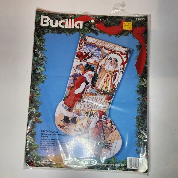 Vintage 1993 Bucilla Cross Stitch Christmas Stocking Kit - 83035 Santa Collage - Picture 1 of 3